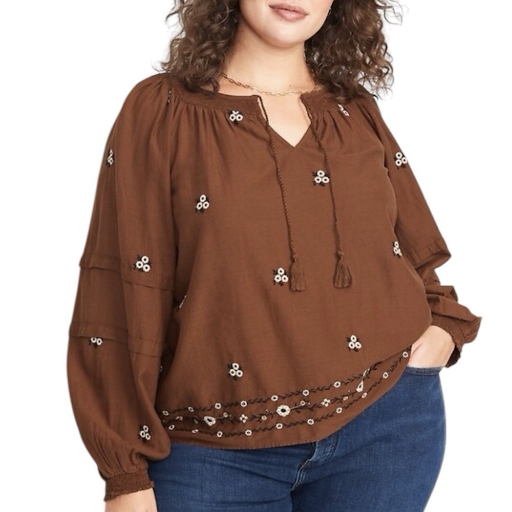 Old Navy Floral-Embroidered Smocked‎ Tie-Neck Long-Sleeve Top Sz XXL Brown